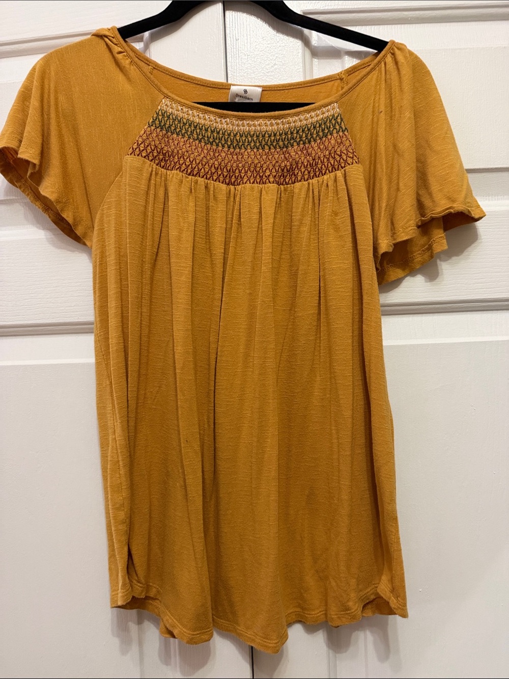 Dress Barn Mustard Smocked Yoke Flutter Sleeve Tunic Top
